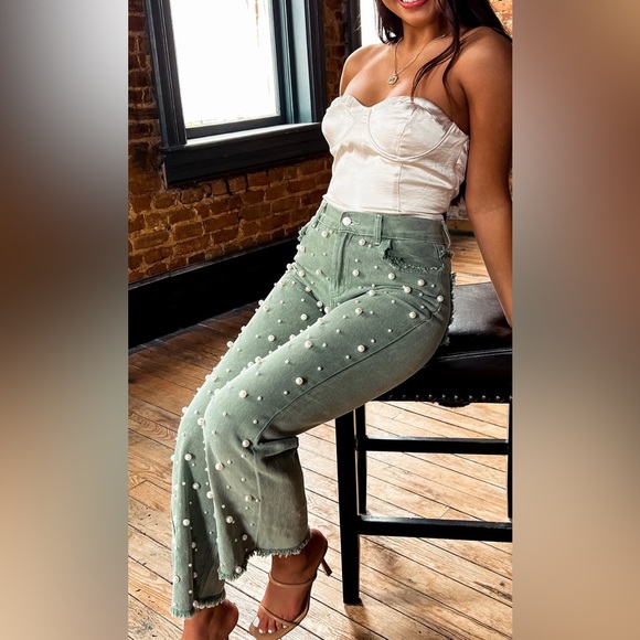 POL Sage Green Straight Leg Pearl Beaded Denim Jeans - Picture 2 of 6